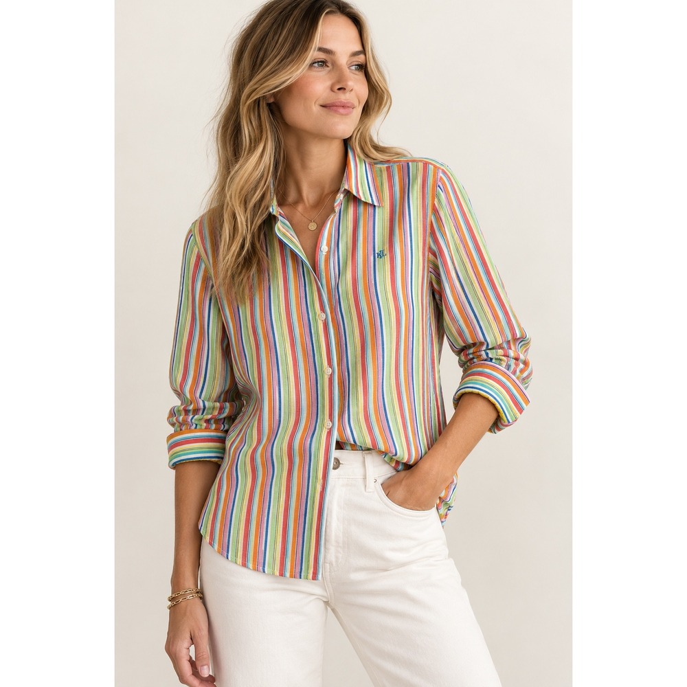 Lauren Ralph Lauren Womens Multi-Color Striped 100% Linen Button Down Shirt M
